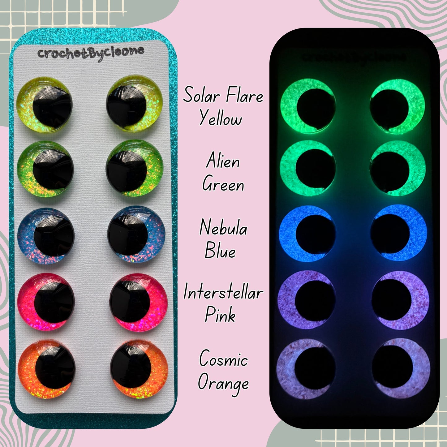 Hand Painted Safety Eyes Glow Collection, Kawaii Pupil 12mm - 18mm